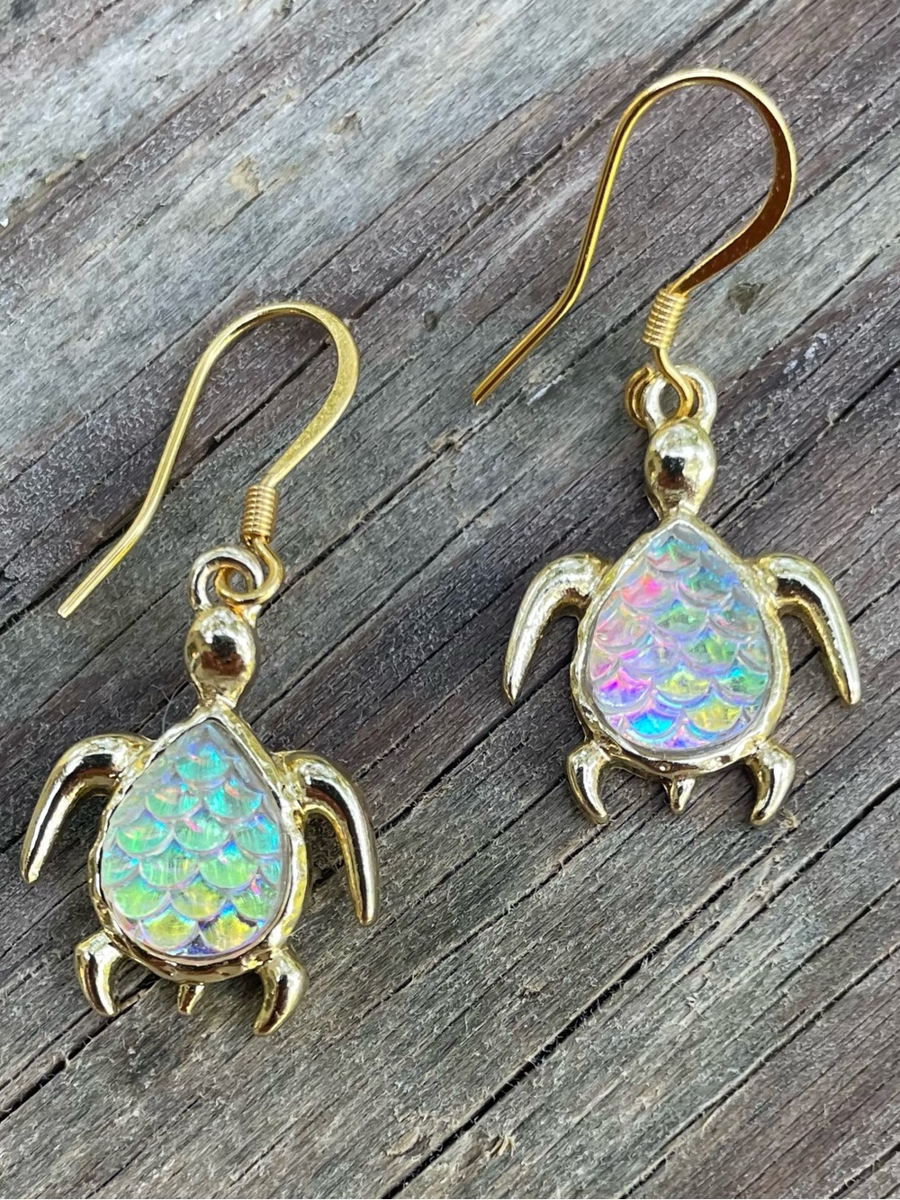 Gold Turtle Drop Earrings with Iridescent Shell Accent